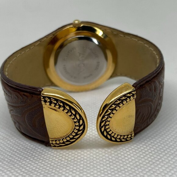 Avon women gold brown tone watch 33mm round case quartz cuff bangle running - Picture 4 of 7